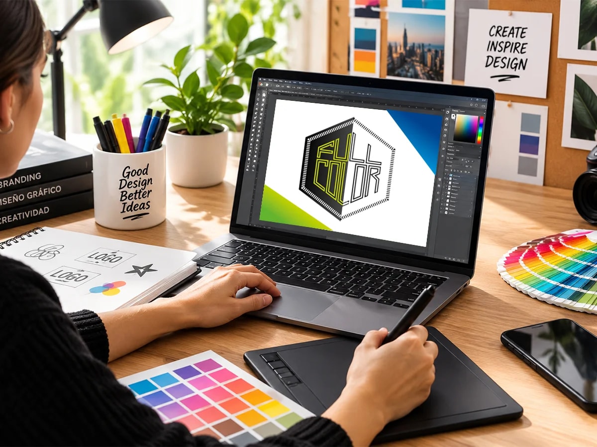 Sello de Full Color, impresos y promocionales, sobre un patrón hexagonal
